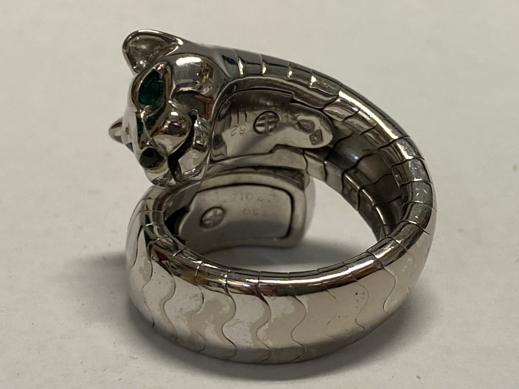Cartier - CARTIER 18K WHITE GOLD PANTHERE DIAMOND AND EMERALD EYES RING