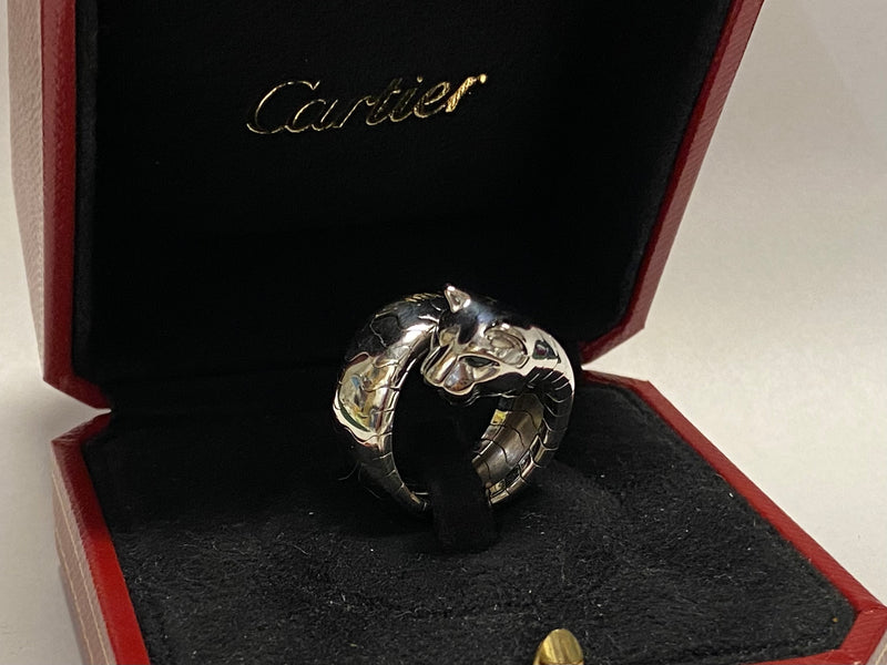 CARTIER Panthere Ring 18K White Gold w/Emeralds & Blue Sapphire- $50K APR w/CoA! APR57