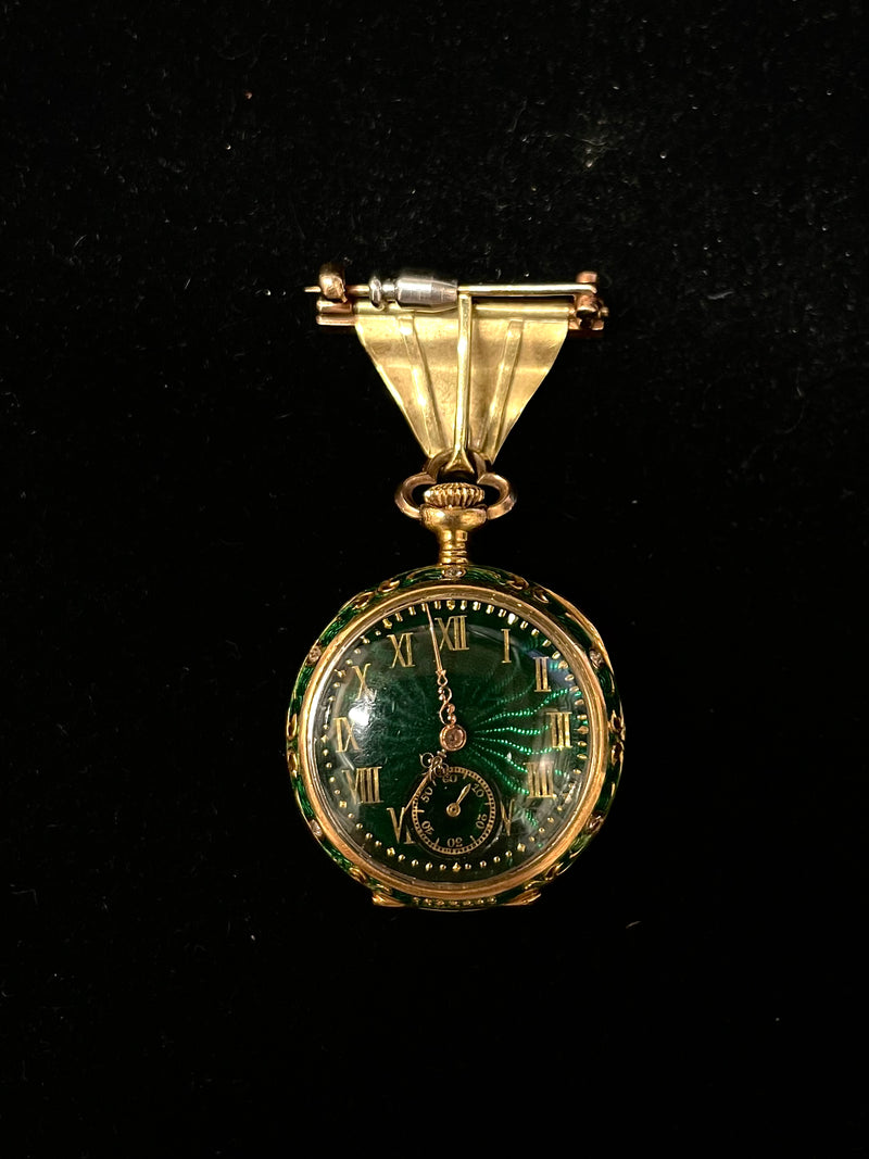 Antique 1905 Green Enamel Pendant Watch with Diamonds - $40K APR w/ COA! APR57