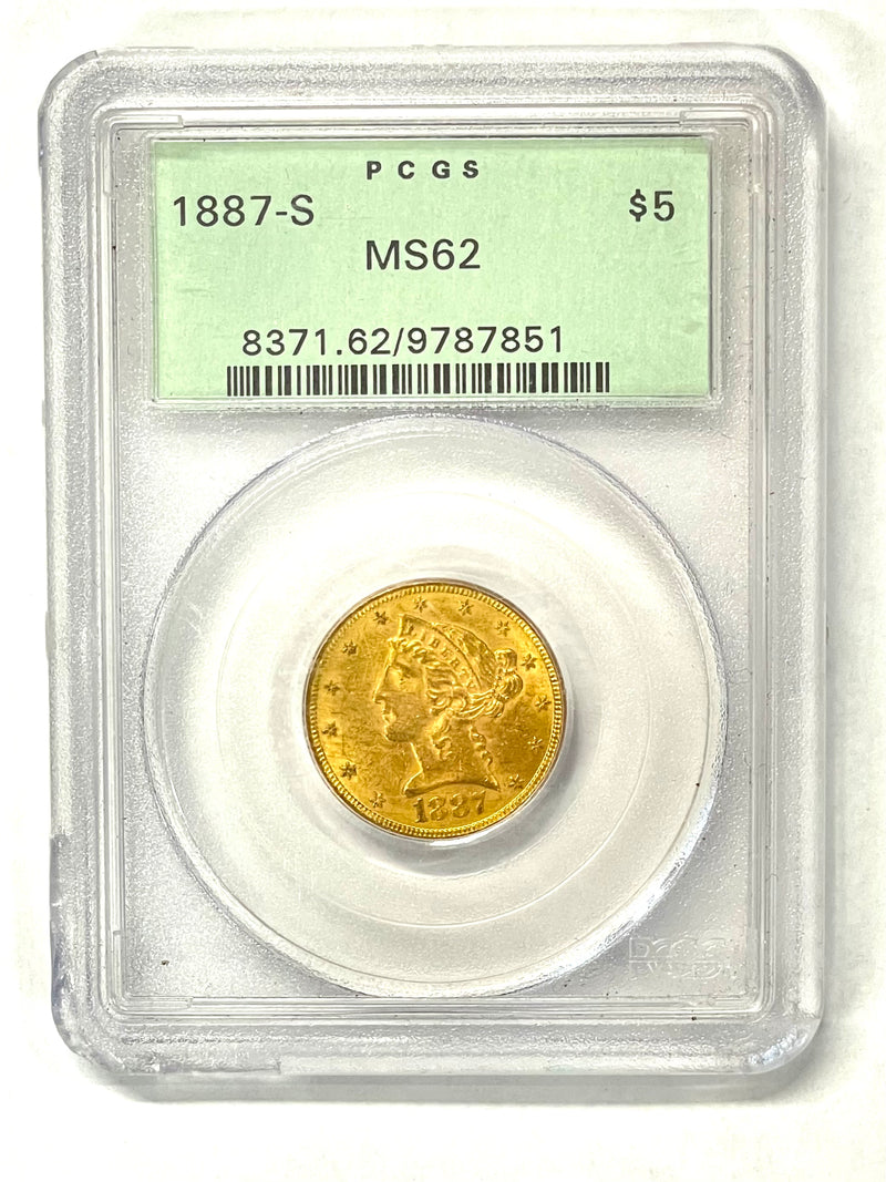 1887-S LIBERTY HEAD GOLD $5 COIN (MS 62) - $1.5K APR w/ COA APR57