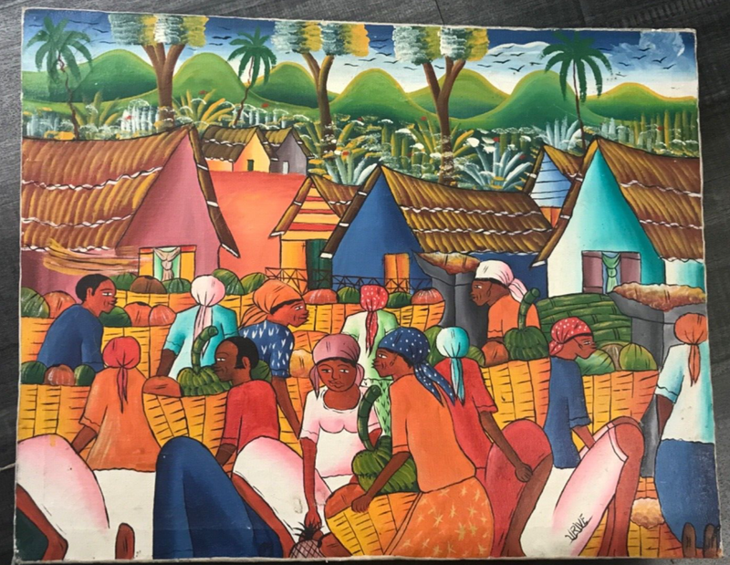 AFRICAN MARKET MULTICOLOR OIL ON CANVAS ORIGINAL PAINTING SIGNED APR57