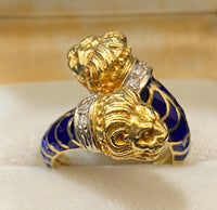 Cartier-style 18K Yellow Gold with 6 Diamonds & Enamel Lion Heads Ring - $20K Appraisal Value w/CoA} APR57