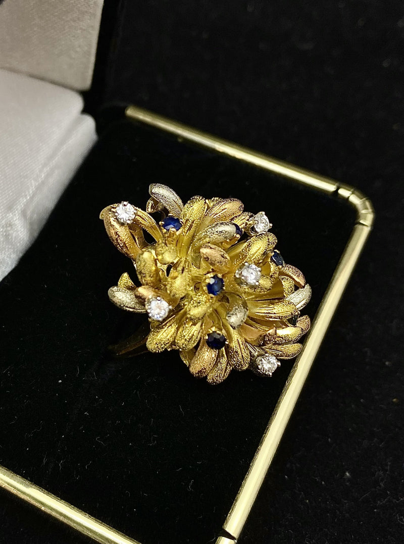1940’s Buccellati-style Italian Design 18K Tri-Color Gold Sapphire & Diamond Ring - $15K Appraisal Value w/ CoA! APR57