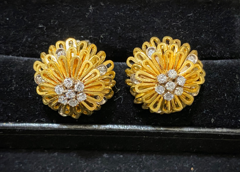 Buccellati-Style Intricate Designer's 18K Yellow Gold with 24 Diamonds Clip Earrings - $30K Appraisal Value w/CoA} APR57