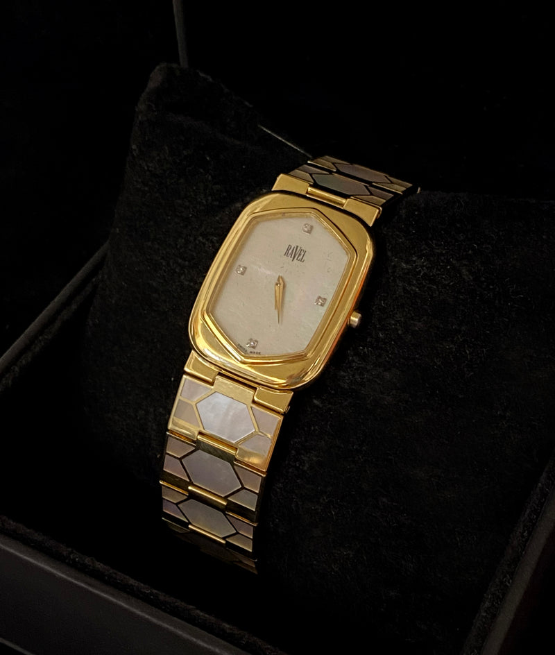 RAVEL Solid 18K Yellow Gold Wristwatch w/ Mother of Pearl Inlay Bracelet & Diamond Pearl Dial - $80K APR Value w/ CoA! APR 57
