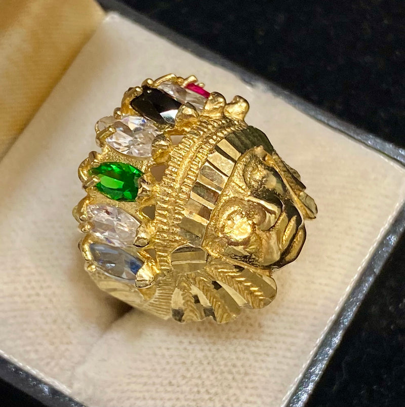 Incredible Solid Yellow Gold Multi-Colored Gemstones Native Indian Head Ring - $4K Appraisal Value w/CoA} APR57