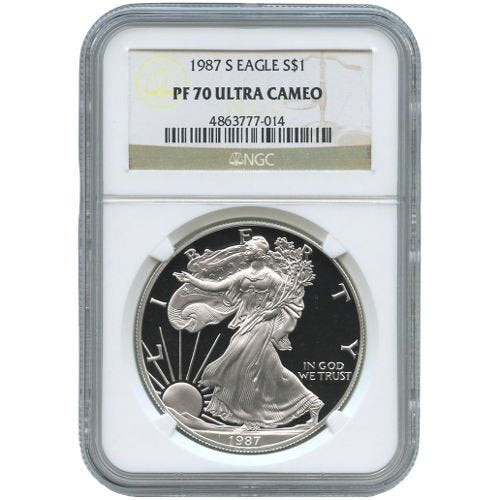 1987-S 1 oz Proof American Silver Eagle Coin NGC PF70 UCAM APR 57