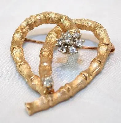 1960s Diamond Cluster Bamboo Heart Brooch in 14K Yellow Gold - $8K VALUE APR 57