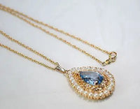1960s Vintage Blue Topaz & Pearl Teardrop Pendant with 14K Yellow Gold Chain - $5K VALUE APR 57
