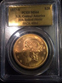 1857-S $20 Gold Lib - S.S. Central America 20C Narrow Seriff - MS-64 PCGS - $20K Value w/ CoA! ✓ APR 57