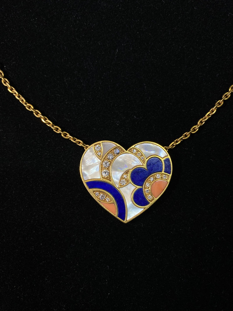 BVLGARI Nacre Mother-of-Pearl Heart Necklace w/ Diamonds & Coral/Lapis Lazuli - $60K Appraisal Value w/CoA } APR 57