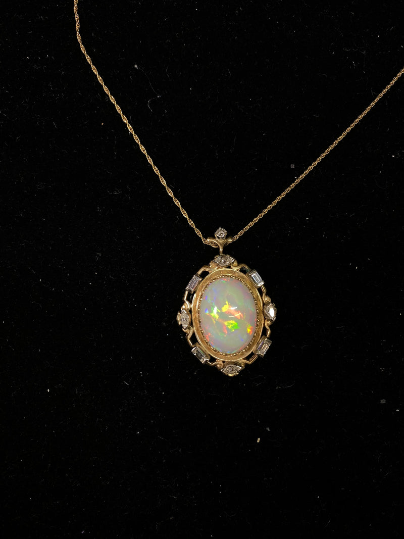 Art Deco Style Solid Yellow Gold Opal Pendant Necklace w/ 9 Diamonds! - $30K Appraisal Value w/ CoA! APR 57