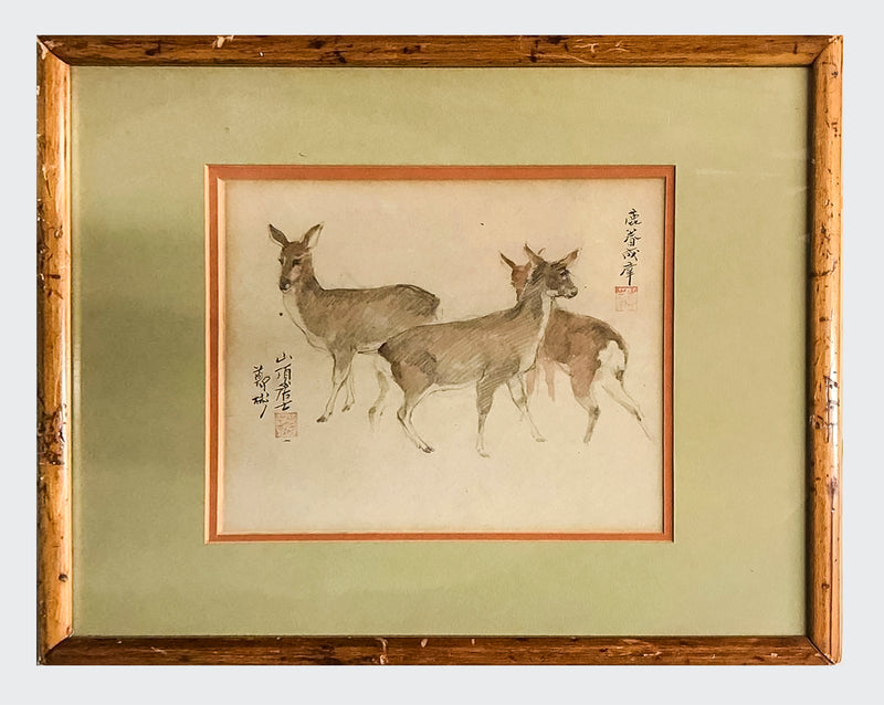 1930s Vintage Japanese Graphite & Watercolor Deer Drawing - $800 APR Value w/ CoA! + APR 57