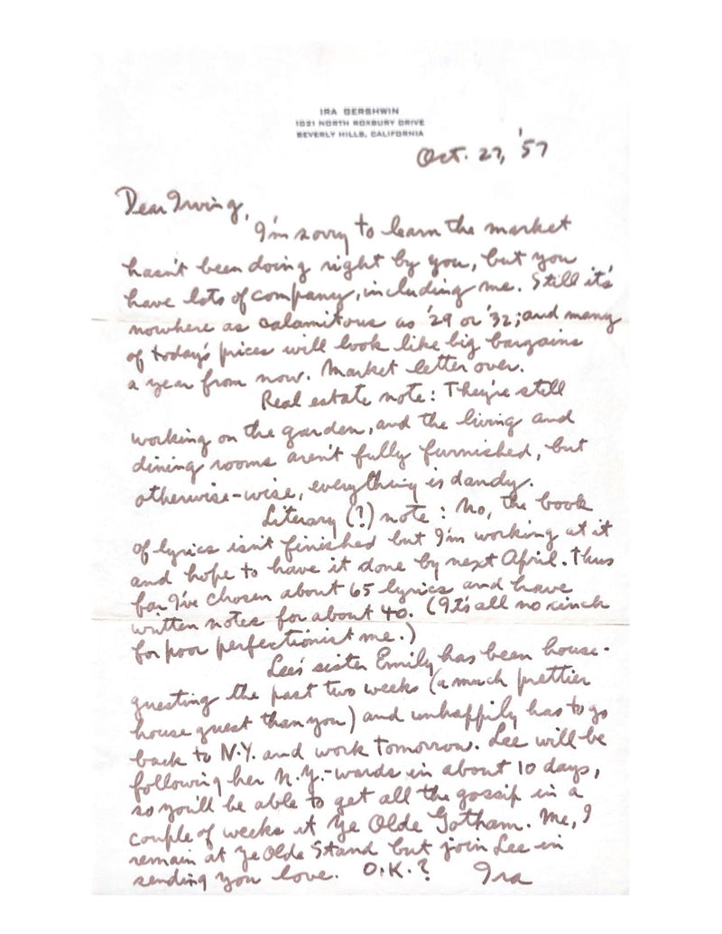 Ira Gershwin 1957 Letter to Friend, Irving Drutman - $10K APR Value w/ CoA! APR 57