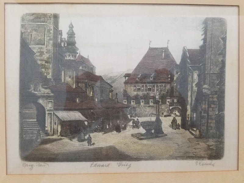 EDWARD GREIG "Old Town in Austria", Etching on Silk, c. 1920s - Apr Value: $1K* APR 57