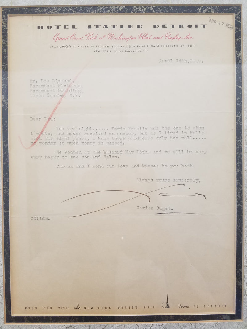 XAVIER CUGAT Original Letter to Lou Diamond, c. 1939 - $10K Apr Value* APR 57
