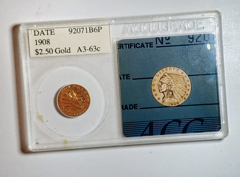 1908 Indian Head $2.50 Coin MS-63 (ACG) - $1.5K APR Value w/ CoA! ✿✓ APR 57