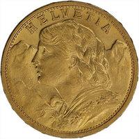 20 Francs Swiss Gold Coin – Helvetia (Circulated) APR 57