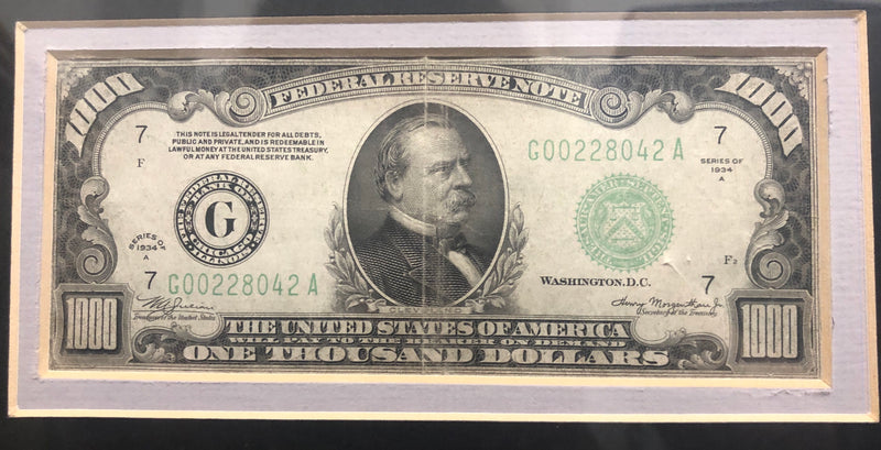Grover Cleveland $1000 United States Federal Reserve Note 1934 - $5K APR Value!