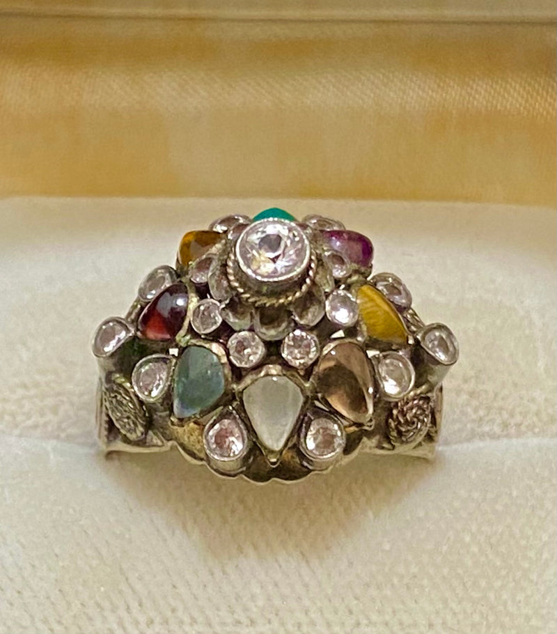 1930's Antique Thai-Style Solid White Gold Multi-Gemstone Cocktail Ring - $7K Appraisal Value w/CoA} APR57