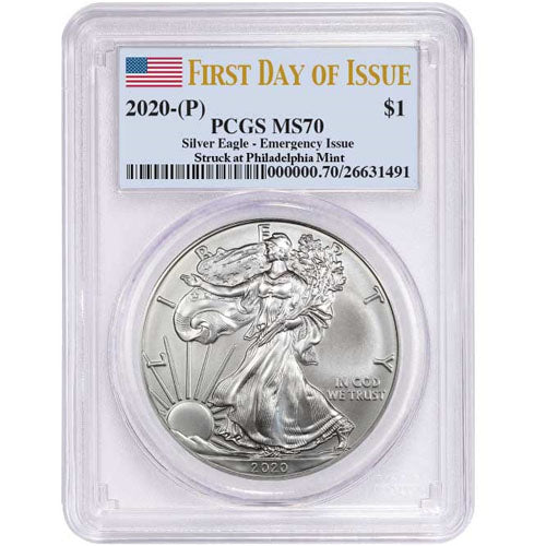 2020 (P) 1 oz American Silver Eagle Coin PCGS MS70 (FDOI, Philadelphia, Flag Label) APR 57