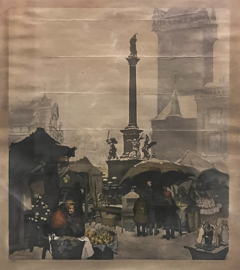 Jaromir Stretti-Zamponi, “St. Nicholas Market on the Old Town Square”, Aquatint Print, 1910 - $10K APR Value w/ CoA! APR 57