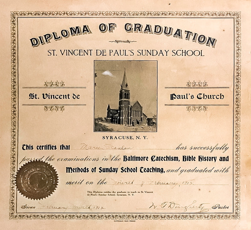 St. Vincent de Paul’s Church, 1912 Sunday School Diploma - $1.5K APR Value w/ CoA! APR 57