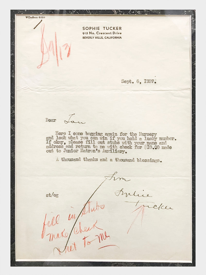 Sophie Tucker Original 1937 Signed Typed Personal Letter  - $10K APR Value w/ CoA! + APR 57