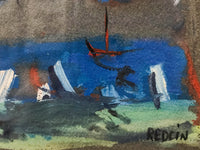 ALEXANDER REDEIN Abstract Seascape with Boats 1960s Oil on Paper - $5K APR Value w/ CoA! + APR 57