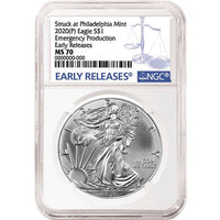 2020 (P) 1 oz American Silver Eagle Coin NGC MS70 ER (Philadelphia) APR 57