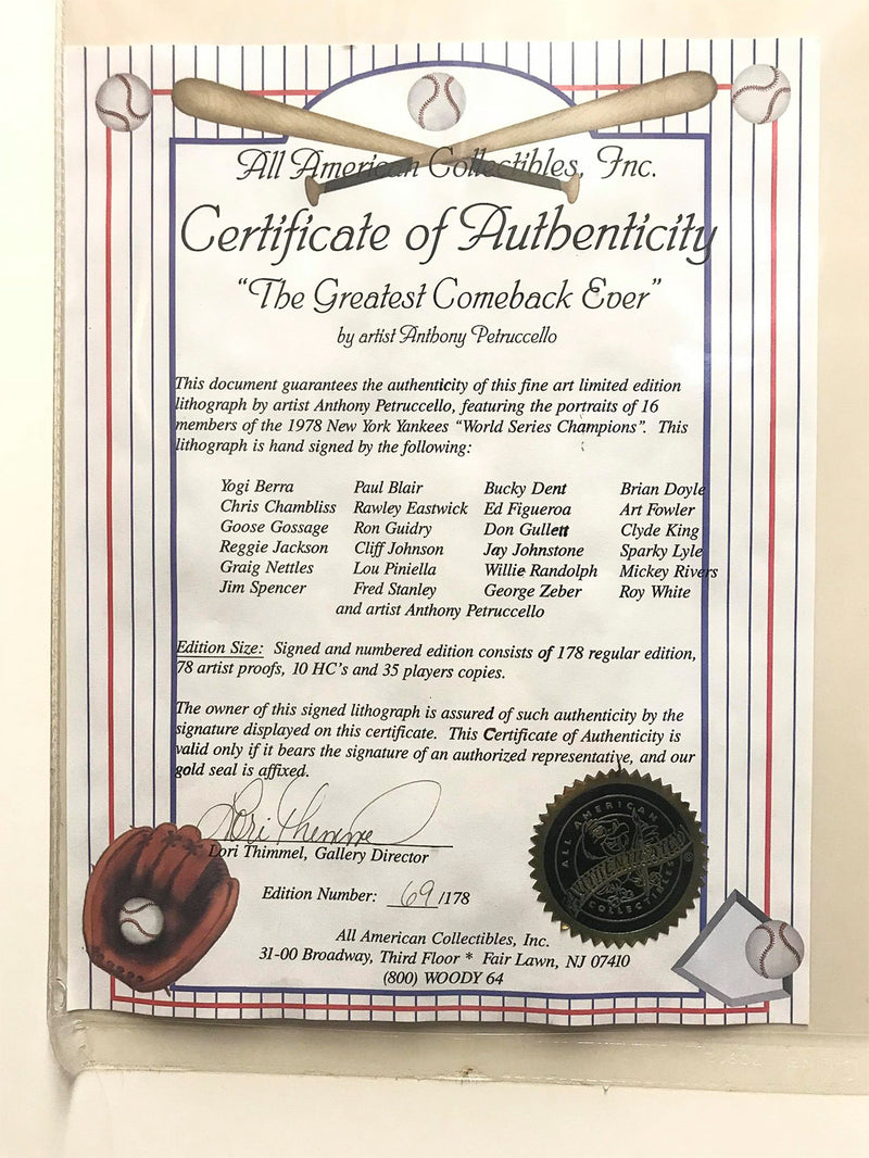 “The Greatest Comeback Ever” Ltd Ed. 1978 World Series Lithograph w/ 24 New York Yankees Signatures - 10K APR Value w/ CoA! +✓ APR 57