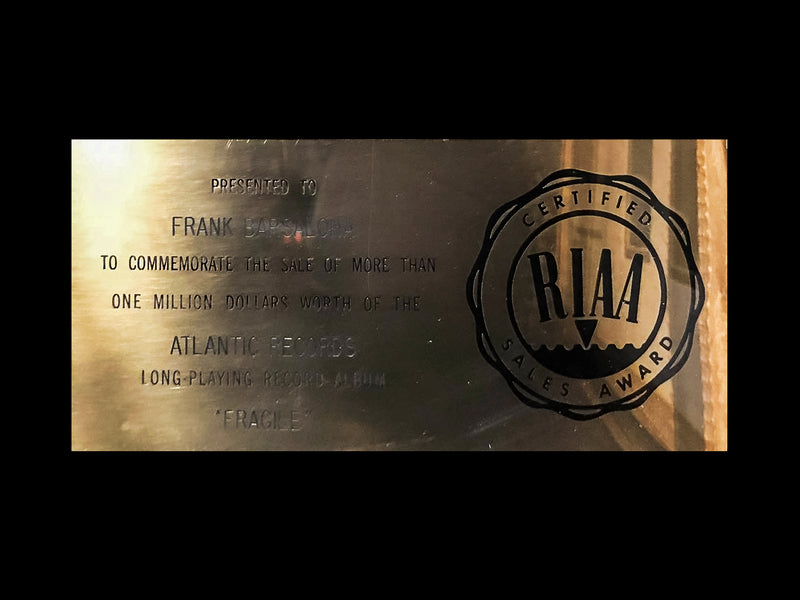 YES “Fragile” 1971 RIAA Gold Record Award - $6K APR Value w/ CoA +✓ APR 57