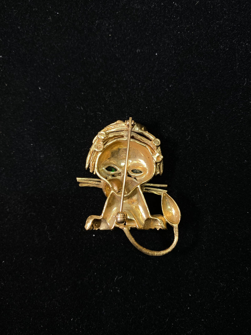 1940’s Designer Solid Yellow Gold Lion Brooch/Pin w/ Emerald & Ruby - $10K Appraisal Value w/CoA} APR 57