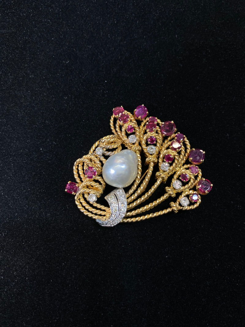 Beautiful Designer SYG Brooch Pin w/ Baroque Pearl, 18 Rubies, 20 Diamonds! - $20K Appraisal Value w/CoA} APR 57