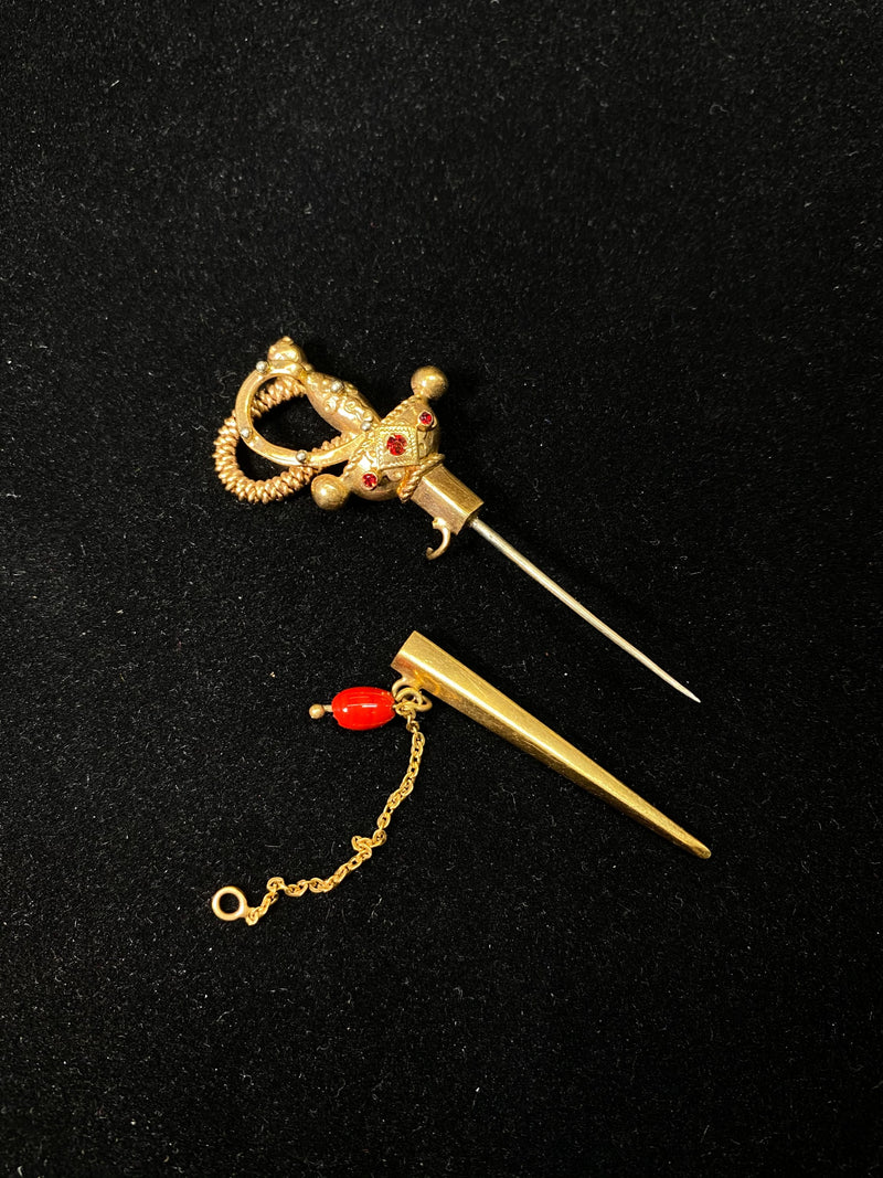 Designer 18K Yellow Gold Sword Pendant Charm w/ 3 Rubies - $10K Appraisal Value w/ CoA! } APR 57