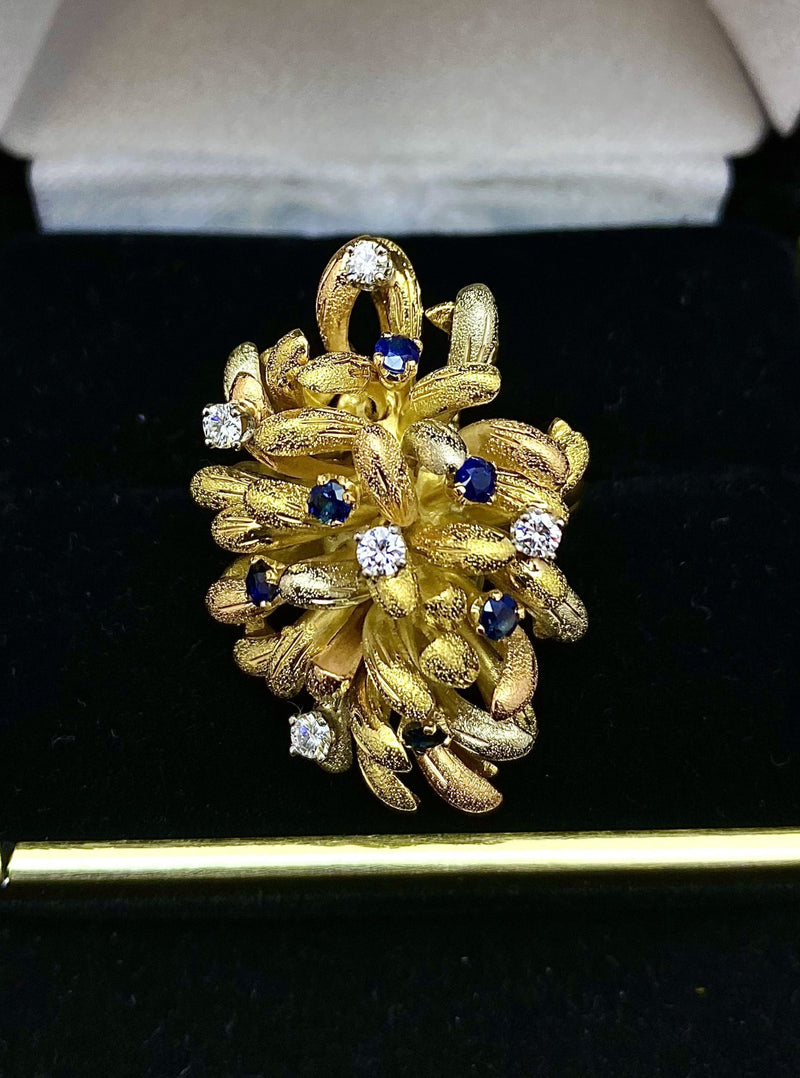 1940’s Buccellati-style Italian Design 18K Tri-Color Gold Sapphire & Diamond Ring - $15K Appraisal Value w/ CoA! APR57
