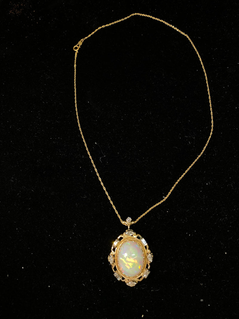The Sydney: 11 Carat Australian Opal Pendant in 14 Karat Yellow Gold Set  with Diamonds