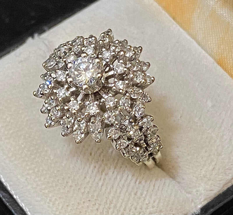 1950's Antique Design 18K White Gold with 69 Diamonds Cocktail Ring - $12K Appraisal Value w/CoA} APR57