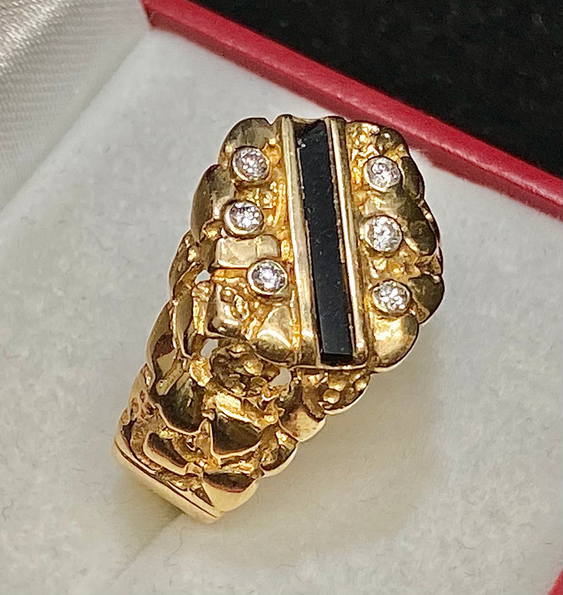 High-End Designer Solid Yellow Gold with Diamond & Onyx Nugget Ring - $7.5K Appraisal Value w/CoA} APR57