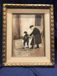 Joseph Kessler "Child Walking with Eldery Rabbi" Original Oil on Canvas, c. 1850, Signed - with CoA - Apr. $7K* APR 57