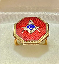 Unique Vintage 18K Yellow Gold Freemason Ring with Blue & Red Enamel - $10K Appraisal Value w/CoA} APR57