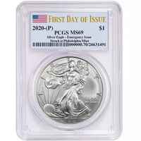 2020 (P) 1 oz American Silver Eagle Coin PCGS MS69 (FDOI, Philadelphia, Flag Label) APR 57