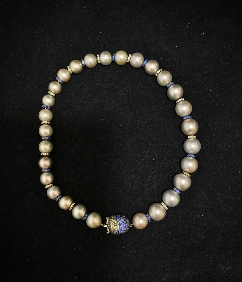 Beautiful 18K Yellow Gold South Sea Pearl & Blue/Yellow Diamond Necklace - $40K Appraisal Value w/CoA} APR57