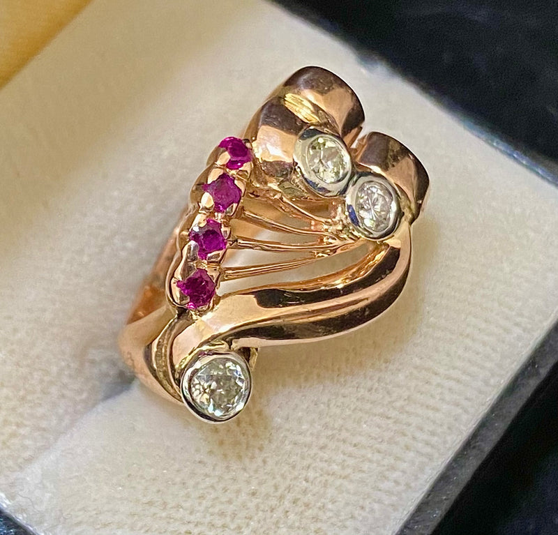 Victorian Era Antique Design Solid Rose Gold & Platinum with Diamond & Ruby Ring - $10K Appraisal Value w/CoA} APR57
