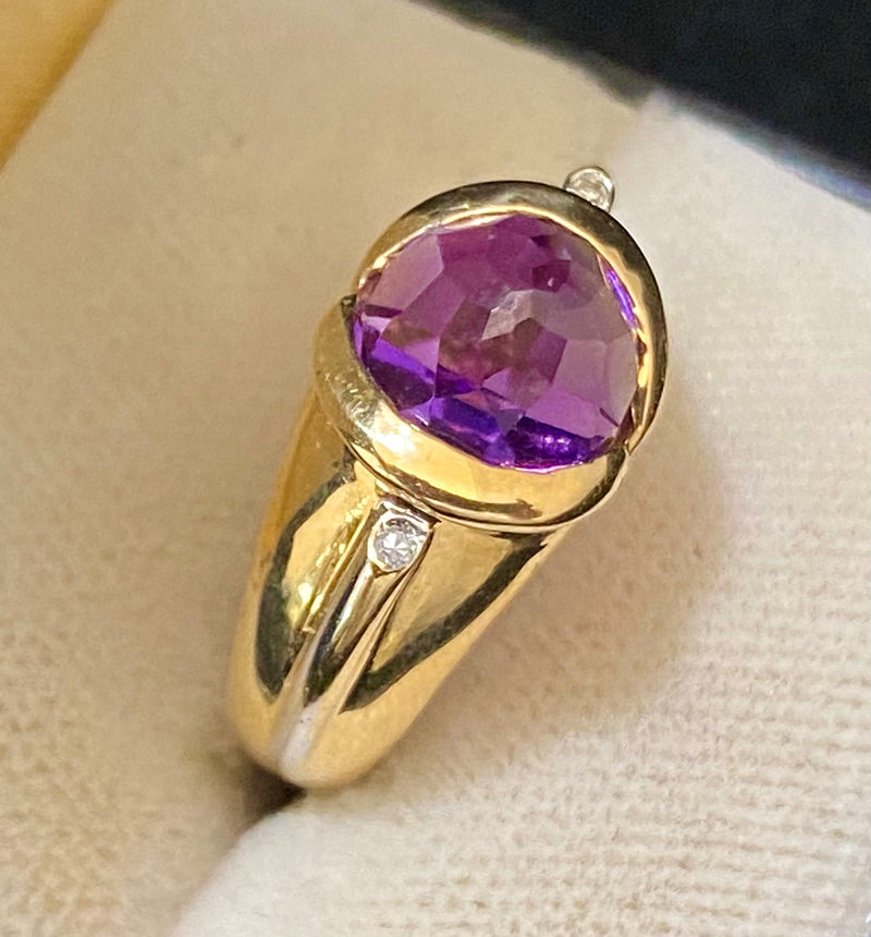 Unique Designer Solid Yellow Gold with Amethyst & Diamonds Ring - $5K Appraisal Value w/CoA} APR57