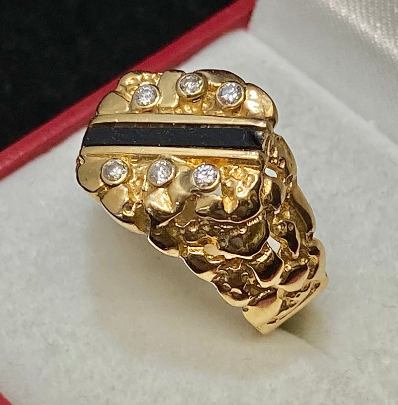 High-End Designer Solid Yellow Gold with Diamond & Onyx Nugget Ring - $7.5K Appraisal Value w/CoA} APR57