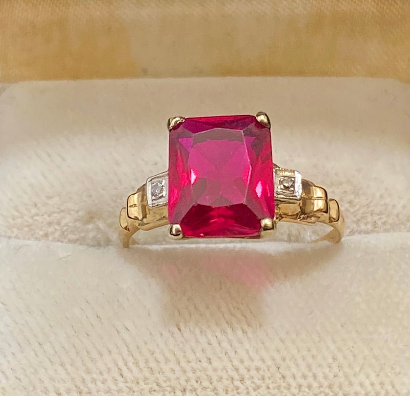 1930's Antique Solid Yellow Gold Ruby & Diamond Ring - $3K Appraisal Value w/ CoA! APR57
