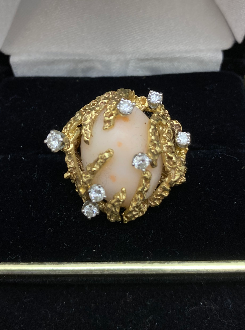 Designer Solid Yellow Gold Ring with 30 Ct. Pink Coral & 7 Diamonds! - $13K Appraisal Value w/ CoA! APR 57