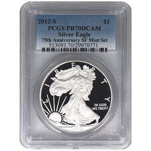 2012-S 1 oz Proof American Silver Eagle Coin PCGS PR70 DCAM 75th Anniversary APR 57