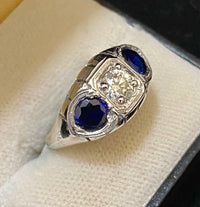 Victorian Era Antique Design Solid White Gold with Diamond & Sapphire Ring - $20K Appraisal Value w/CoA} APR57